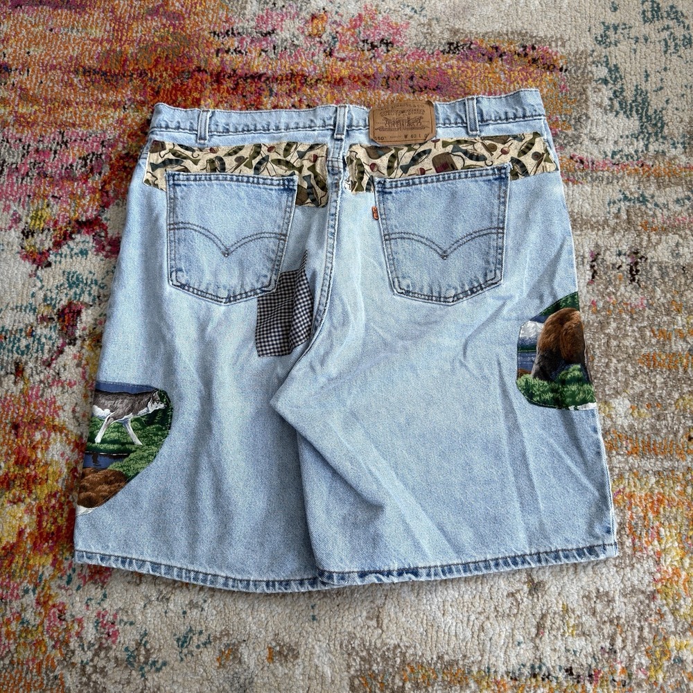 90s Levi's 550 Orange Tab Custom Patch Denim Shorts Light Wash W40 USA Made